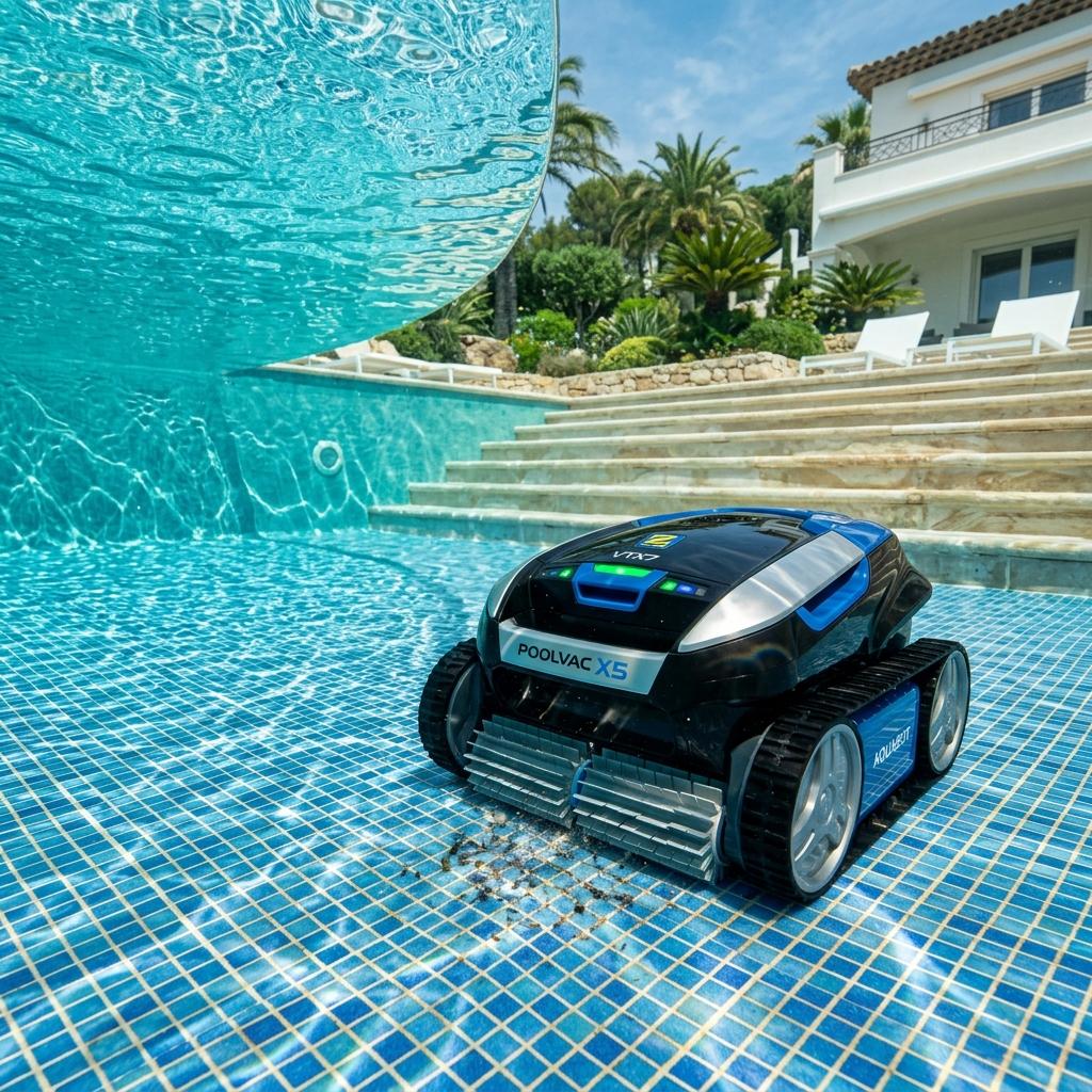 Robot limpiafondos de piscina en acción